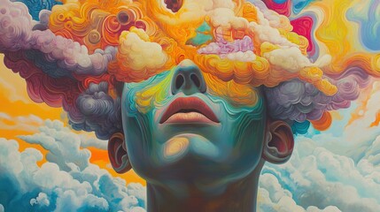 Poster - Surreal depiction of a mind with floating clouds, vibrant colors, and dreamlike details, representing a medicated state.