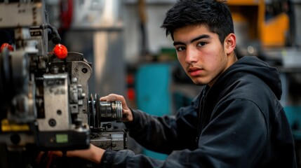 Poster - Young Man Working on Industrial Machinery in a Workshop