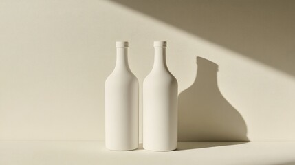 Poster - Two plain white bottles standing side-by-side, isolated on a light background, with shadows for depth and a minimalist vibe.