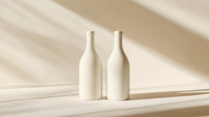 Poster - Two plain white bottles standing side-by-side, isolated on a light background, with shadows for depth and a minimalist vibe.