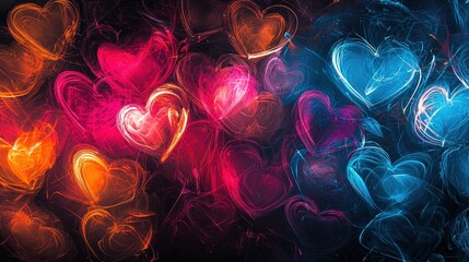 Poster - An eye-catching arrangement of abstract heart shapes, intertwining beautifully with luminous color highlights against a deep black background, ideal for Valentine's themes.