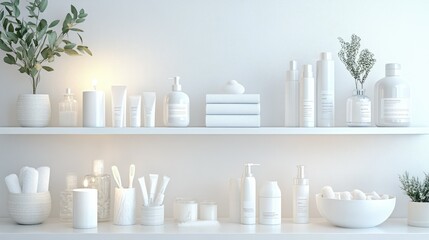 Poster - White open shelf display with carefully placed products, minimalistic decor, soft lighting, and neutral tones for a clean look.