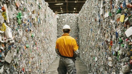 Poster - Worker operating recycling machinery, showcasing the process of converting plastic waste into reusable materials