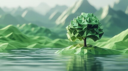 Poster - Green low-poly design with a 3D effect, giving a contemporary and sleek visual appearance.
