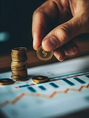 A hand placing a coin into a slot with a growing financial graph above symbolizing the connection between small investments and large financial