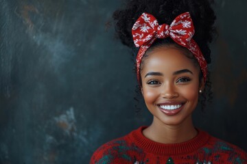 Wall Mural - Smiling woman in ugly Christmas sweater.	