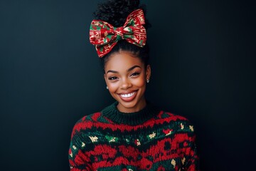 Wall Mural - Smiling woman in ugly Christmas sweater.	