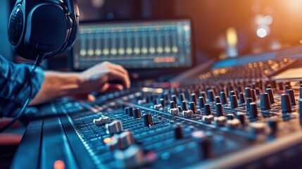Poster - Person Adjusting Knobs on a Sound Mixing Console in a Recording Studio