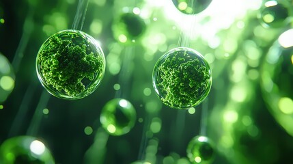 Poster - Spherical green 3D objects, glowing and suspended in mid-air, with subtle shadows creating depth.