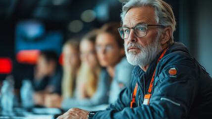 Poster - A man with glasses and a red tag on his jacket sits at a table with other people. He looks serious and focused