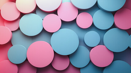 Poster - A colorful background of pink and blue circles. The circles are arranged in a way that creates a sense of depth and movement. Scene is playful and whimsical