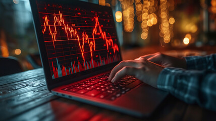 Poster - A person is typing on a laptop with a red screen showing a graph. Scene is intense and focused, as the person is likely working on a project or analyzing data