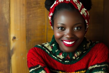 Wall Mural - Smiling woman in ugly Christmas sweater.	