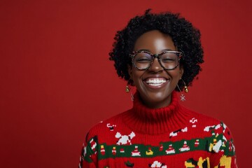 Wall Mural - Smiling woman in ugly Christmas sweater.	