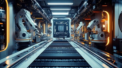 Aufkleber - An automated assembly line with robotic arms and a central conveyor belt, producing a large central processing unit chip.