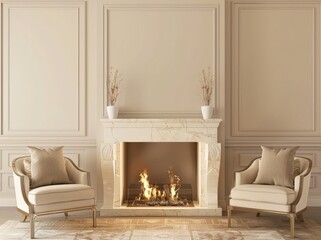 A classic fireplace with a roaring fire and two armchairs in a room with white walls and decorative molding