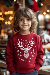 Wall Mural - Boy wearing red sweater with a white Christmas pattern and a deer head.