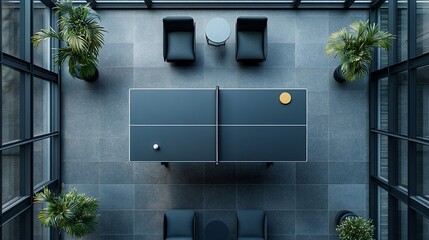 Aufkleber - An overhead view of a ping pong table in a modern office with two chairs and plants on either side.