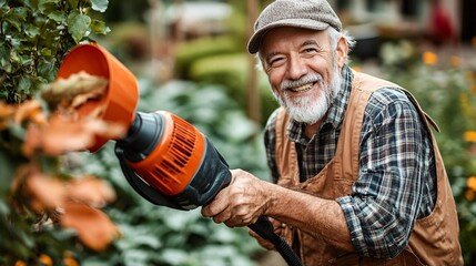 Poster - Senior man using a leaf blower to clean up his yard after a day of gardening Stock Photo with side copy space
