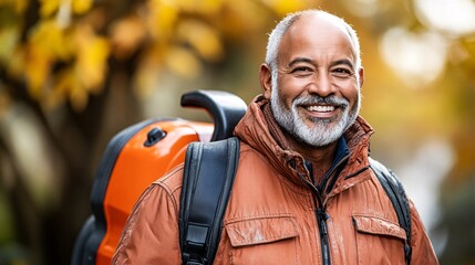 Poster - Senior man using a leaf blower to clean up his yard after a day of gardening Stock Photo with side copy space