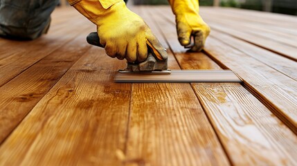 Poster - Craftsman using a high-powered belt sander to finish a large wooden surface with professional tools and safety equipment Stock Photo with side copy space