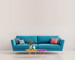 a modern living room interior with a blue sofa. two colorful coffee tables and a white wall