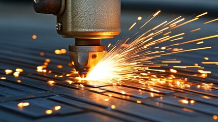 Poster - Craftsman using a powerful angle grinder to shape metal in a workshop Stock Photo with side copy space