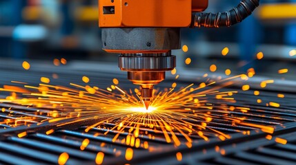 Poster - Craftsman using a powerful angle grinder to shape metal in a workshop Stock Photo with side copy space