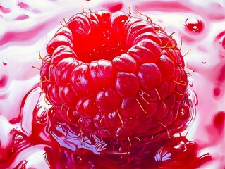 Wall Mural - A close up of a raspberry on a pink background