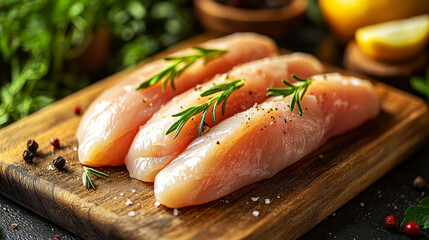 Fresh Raw Chicken Breasts on Wooden Cutting Board