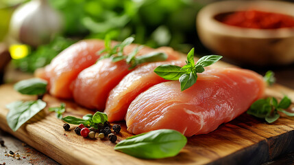 Fresh Raw Chicken Breasts on Wooden Cutting Board