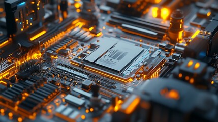 Fototapete - Close-up of a glowing circuit board with a processor in the center, illuminated with warm orange light.