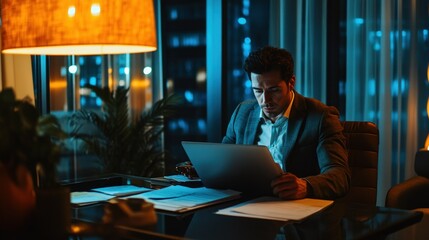 Poster - Man Working on Laptop at Night in a Well-Lit Office