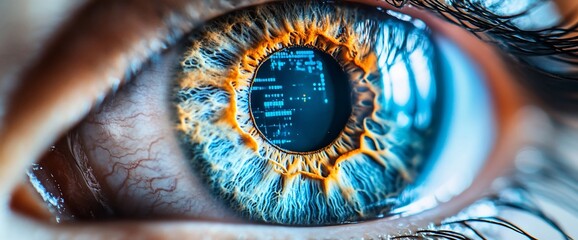 Aufkleber - Close-up of a human eye with a digital code reflected in the pupil.