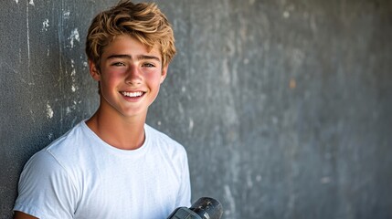 Aufkleber - Teenager holding a power sander and smiling brightly while showcasing the fun of DIY projects Stock Photo with side copy space