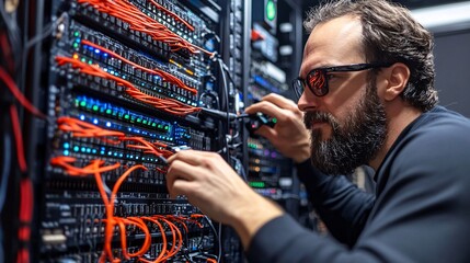 Poster - Technician setting up high-speed Wi-Fi in a newly moved-in home showcasing the importance of connectivity Stock Photo with side copy space