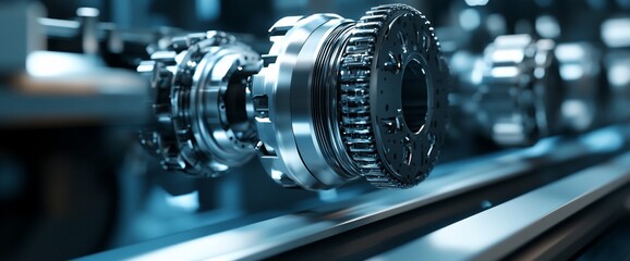 Aufkleber - Close-up of a metal gear with teeth, shiny and silver,  with other cogs and metal pieces in a blurred background, reflecting a blue light.