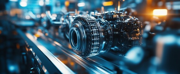 Aufkleber - Closeup of a shiny metal car engine part moving on a conveyor belt in a factory.