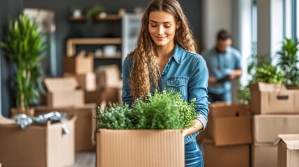 Aufkleber - Couple arranging their belongings in a new apartment filled with light and open space showcasing their fresh start Stock Photo with side copy space