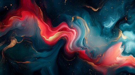Poster - abstract fluid art background, swirling colors in red and teal with gold highlights