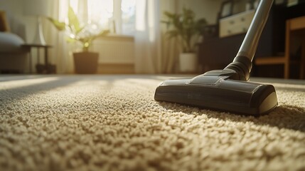Poster - Close-up of a vacuum cleaner on a beige carpet in a sunlit living room.