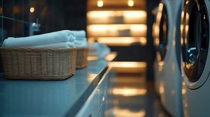 Poster - Close-up of white towels folded and stacked in a wicker basket on a bathroom countertop with a washing machine in the background.
