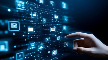 Poster - A hand is pointing at a screen with a lot of icons and buttons