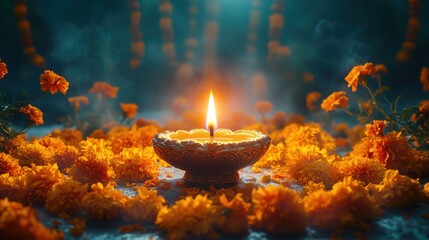 A beautiful diya candle surrounded by vibrant marigold flowers, creating a warm and inviting atmosphere, perfect for celebrations and spiritual rituals.