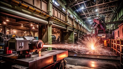 Poster - Industrial Machinery Sparks on Factory Floor - Advanced Technology and Vibrant Lighting