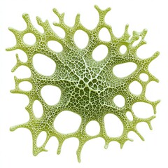 An intricate green lichen with a detailed network of holes and textures, showcasing nature's beautiful patterns.