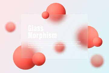 Wall Mural - Glass morphism landing page with rectangular frame. Vector illustration with blurry floating red spheres.