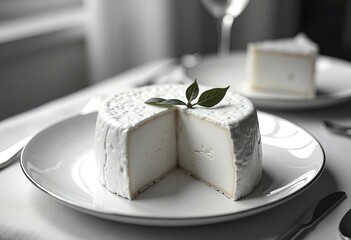 Camembert or brie cheese with basil leaves on table