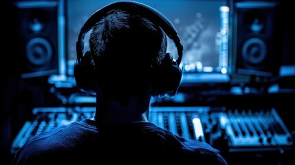 Poster - Silhouetted Figure Wearing Headphones in a Recording Studio