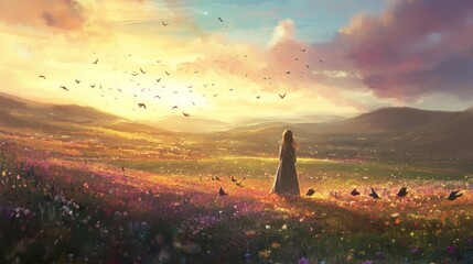 Wall Mural - A serene landscape featuring a woman in a field of flowers at sunset, surrounded by birds.